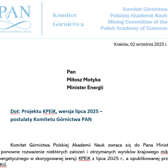 Apel Członków Komitetu Górnictwa do Pana Miłosza Motyki, Minister Energii