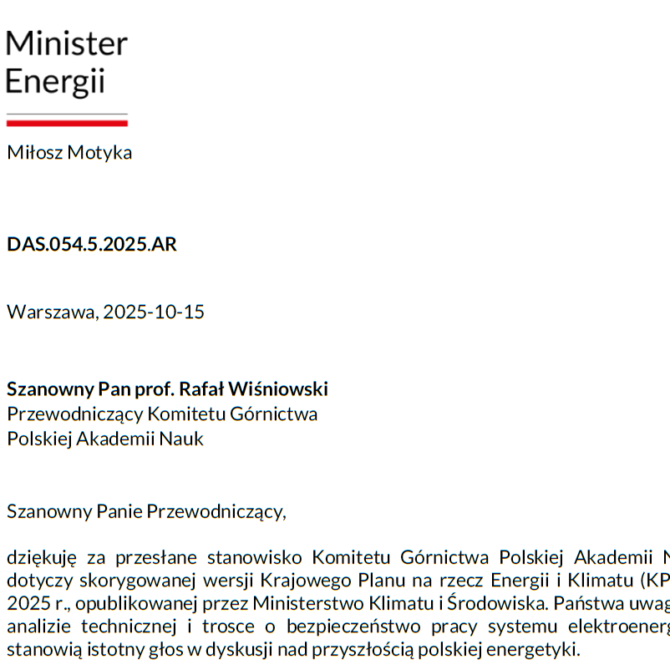 Odpowiedź Pana Miłosza Motyki, Minister Energii na apel Członków Komitetu Górnictwa