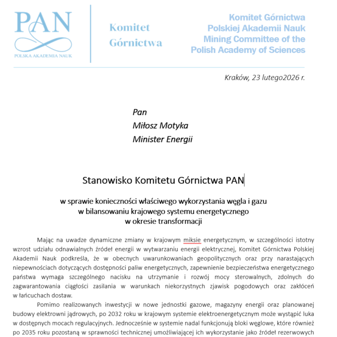 Stanowisko Komitetu Górnictwa PAN w sprawie konieczności właściwego wykorzystania węgla i gazu w bilansowaniu krajowego systemu energetycznego w okresie transformacji